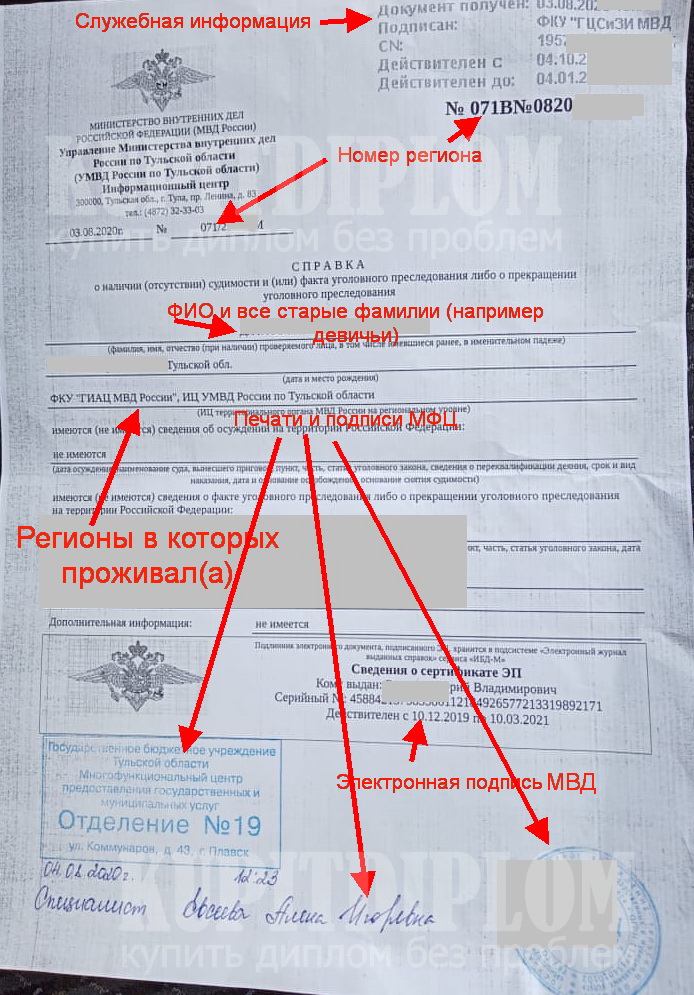 Справка о несудимости из МФЦ Тульской области 2020 года